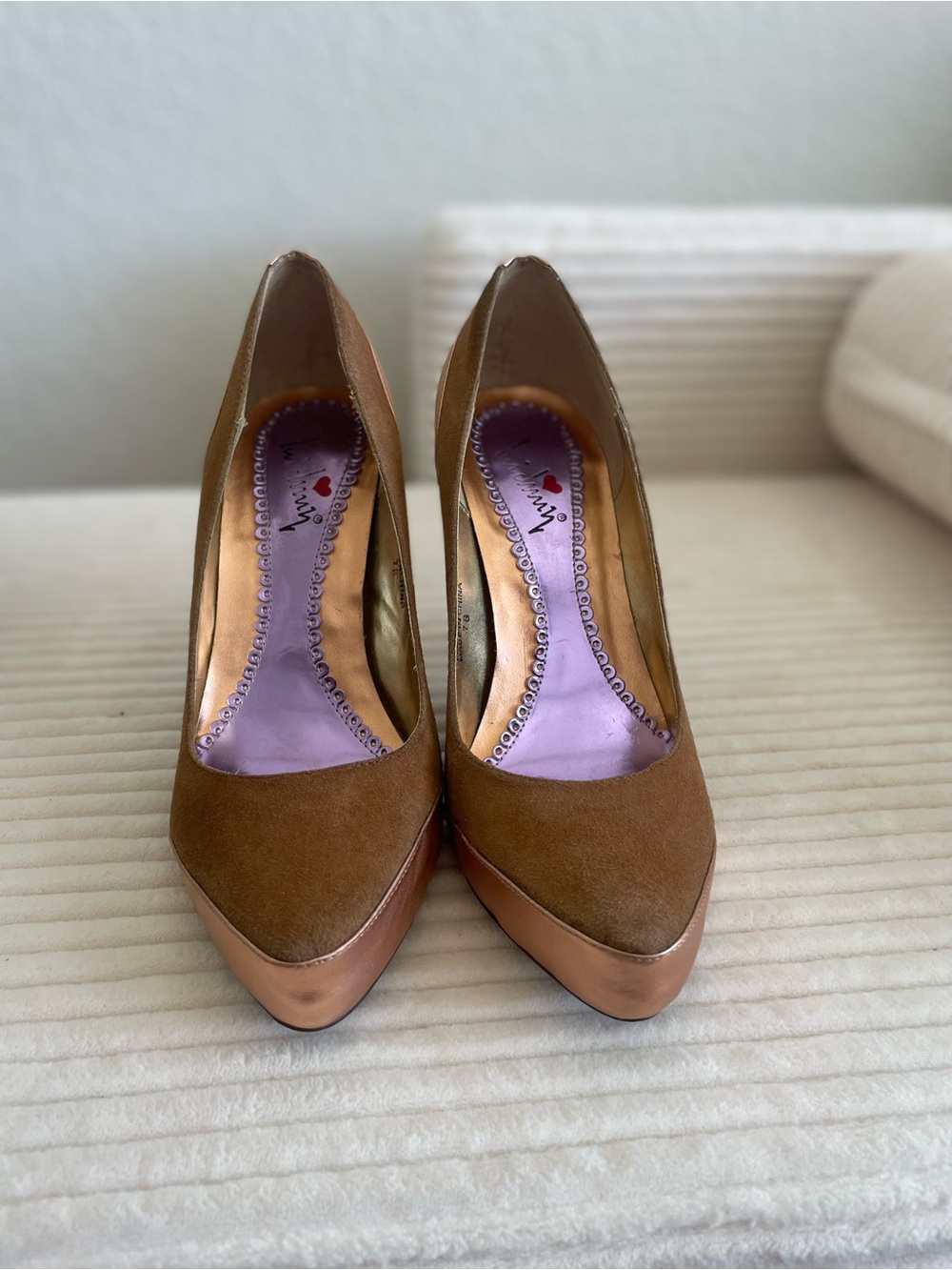 Luichiny Brown Suede Pumps with Metallic Rose Gold Toe